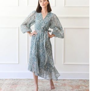 NWT MILLIE ADELA DRESS IN BLUE MIST FLUFFY LIGHTWEIGHT MIDI SMALL WRAP RUFFLE